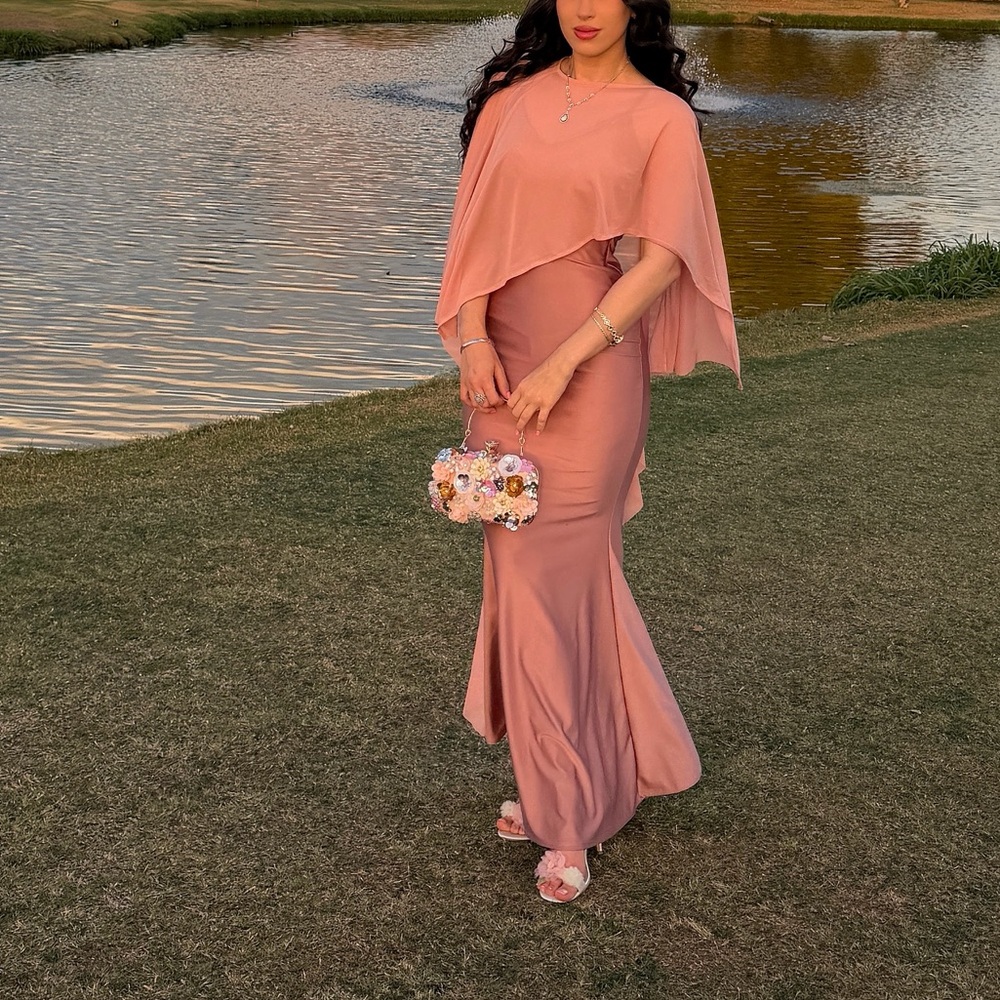 Pink Satin Maxi Dress and Scarf set- Women's Elegant Evening Gown